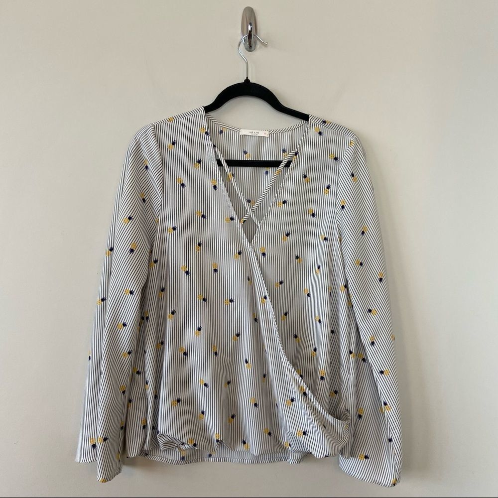 Le Lis-Pinstripe and Pineapple Faux Wrap Slit Bell Sleeve Top (Medium)